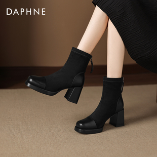 达芙妮高跟短靴女款 绒面瘦瘦靴粗跟马丁靴女加绒黑色靴子 2025新款