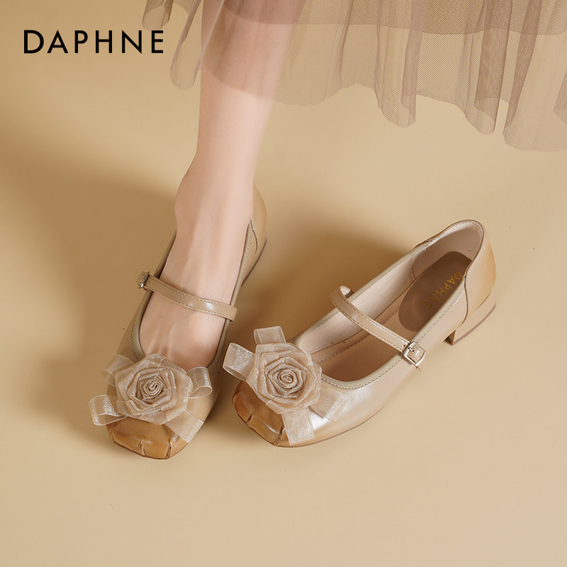 达芙妮山茶花玛丽珍鞋女2026新款春季法式粗跟女鞋方头浅口单鞋女