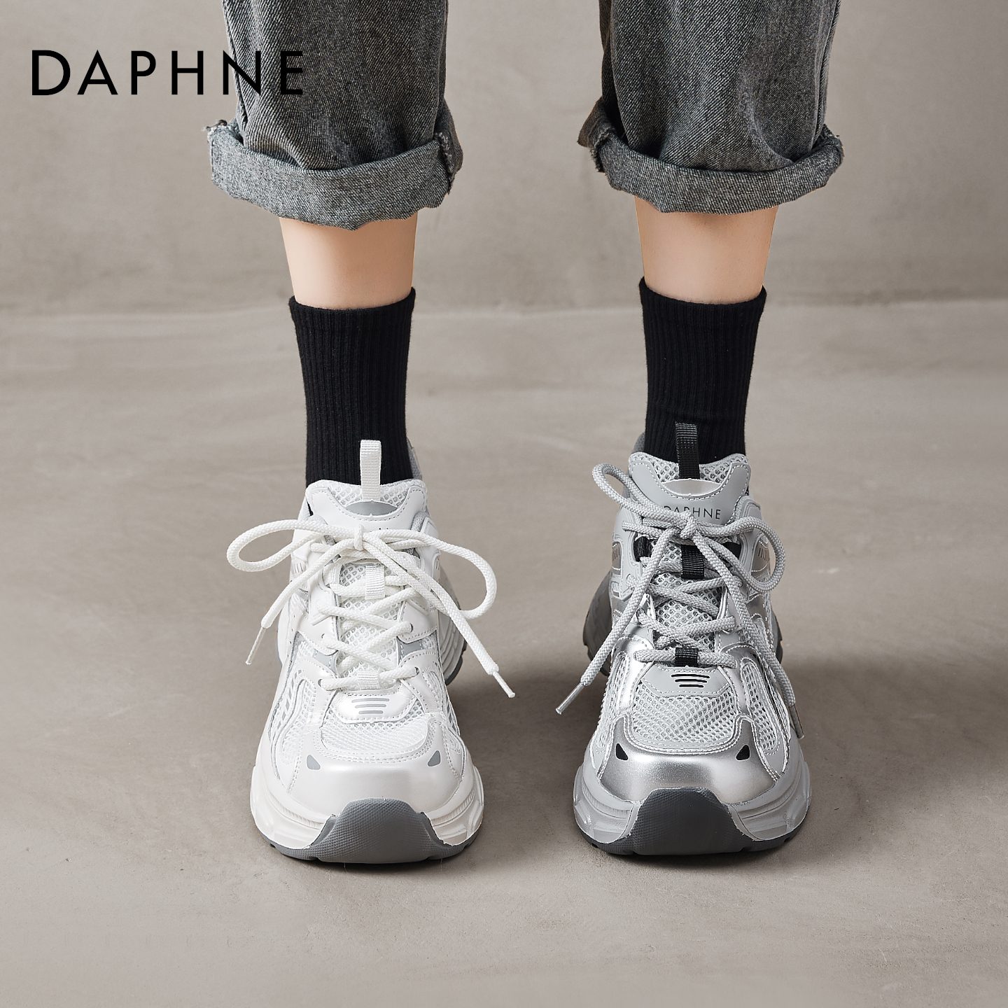 达芙妮厚底银色老爹鞋女款运动鞋