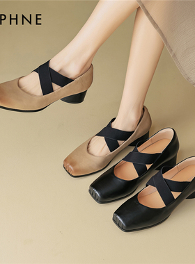 达芙妮芭蕾舞单鞋女复古绑带猪鼻子高跟小皮鞋粗跟法式玛丽珍鞋子