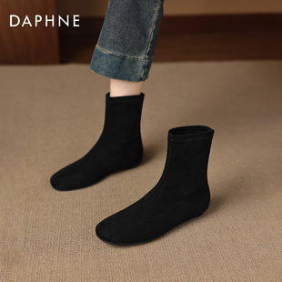 达芙妮黑色绒面短靴2026新款冬季加绒法式平底袜靴瘦瘦靴女士靴子