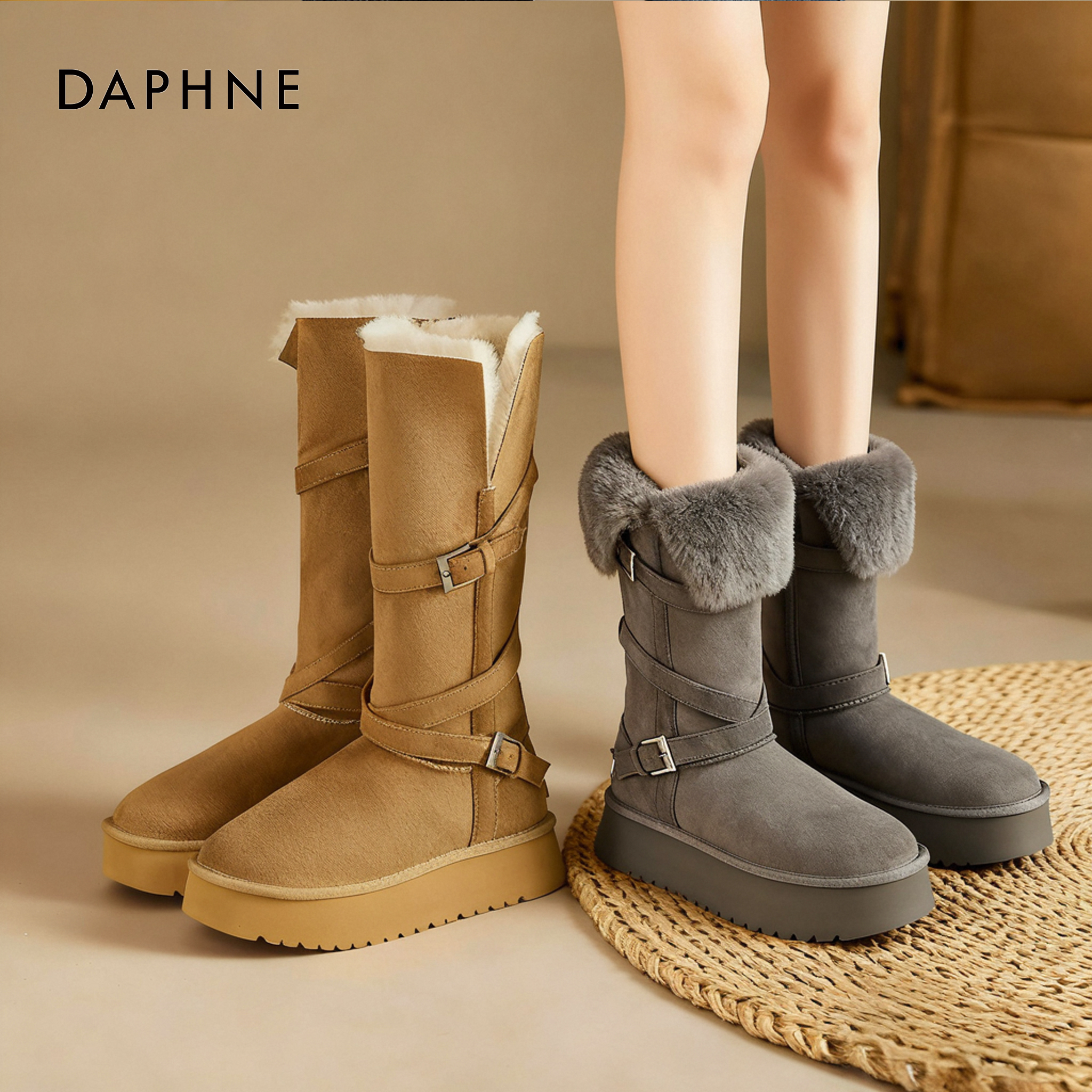 达芙妮厚底雪地靴防滑两穿棉鞋子
