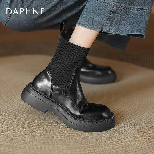 达芙妮黑色短靴女冬针织弹力袜靴