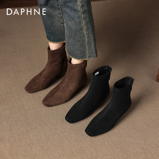 达芙妮绒面短靴女2025新款冬季加绒法式复古女士踝靴瘦瘦靴马丁靴