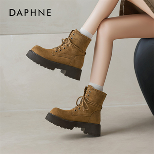 达芙妮加绒马丁靴女2025新款冬季厚底保暖雪地靴增高西部短靴棉鞋