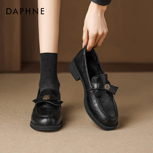 达芙妮黑色乐福鞋女2026新款春季英伦风一脚蹬通勤单鞋加绒小皮鞋