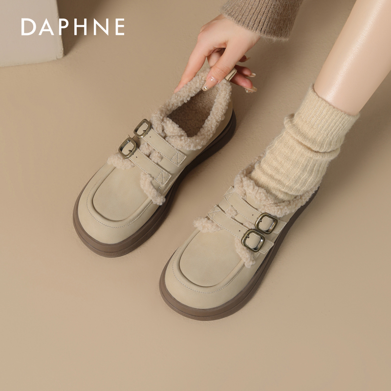 达芙妮加绒乐福鞋女保暖厚底棉鞋