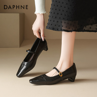 方头一字带粗跟不累脚通勤单鞋 法式 女2025新款 达芙妮黑色玛丽珍鞋