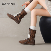 达芙妮棕色马丁靴女2026新款 拳击靴冬季 靴子加绒瘦瘦中筒德训短靴