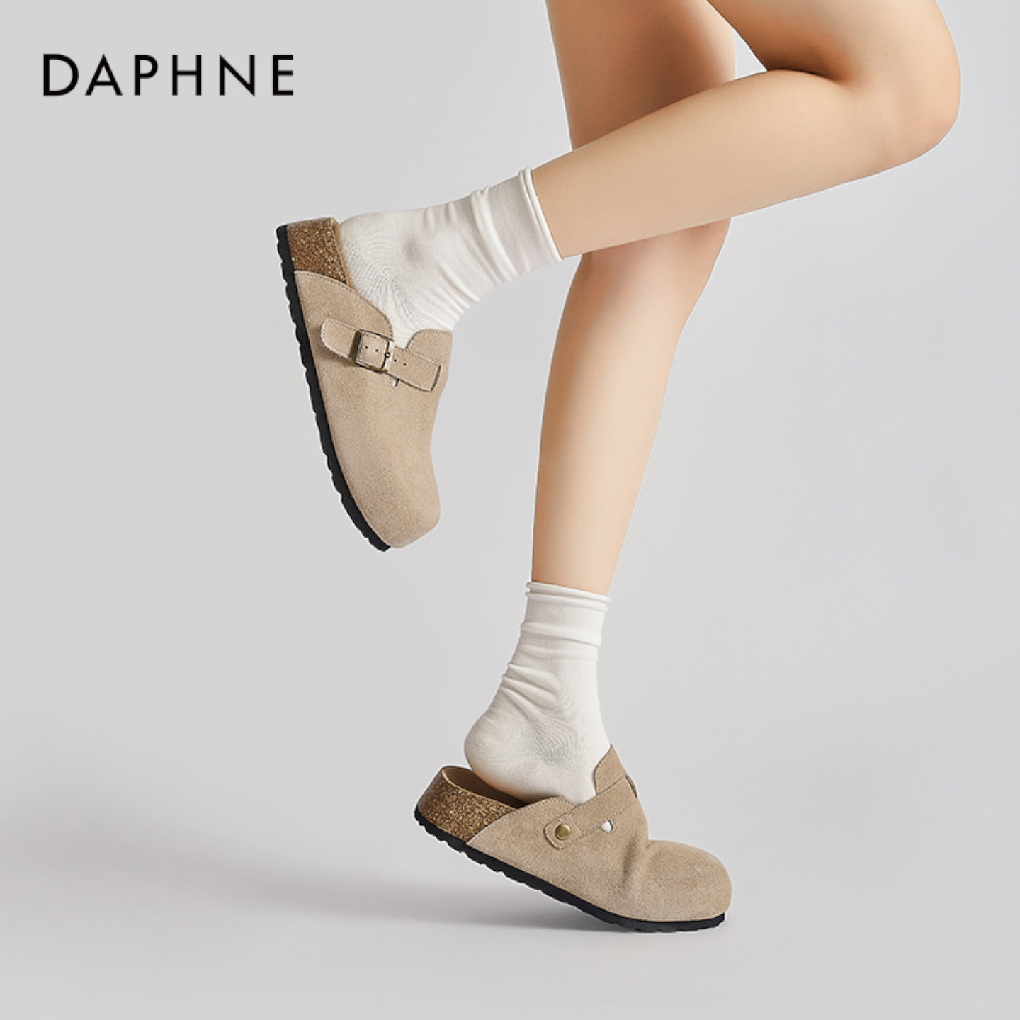 达芙妮厚底勃肯鞋女2026新款加绒冬一脚蹬超火增高外穿真皮半拖鞋