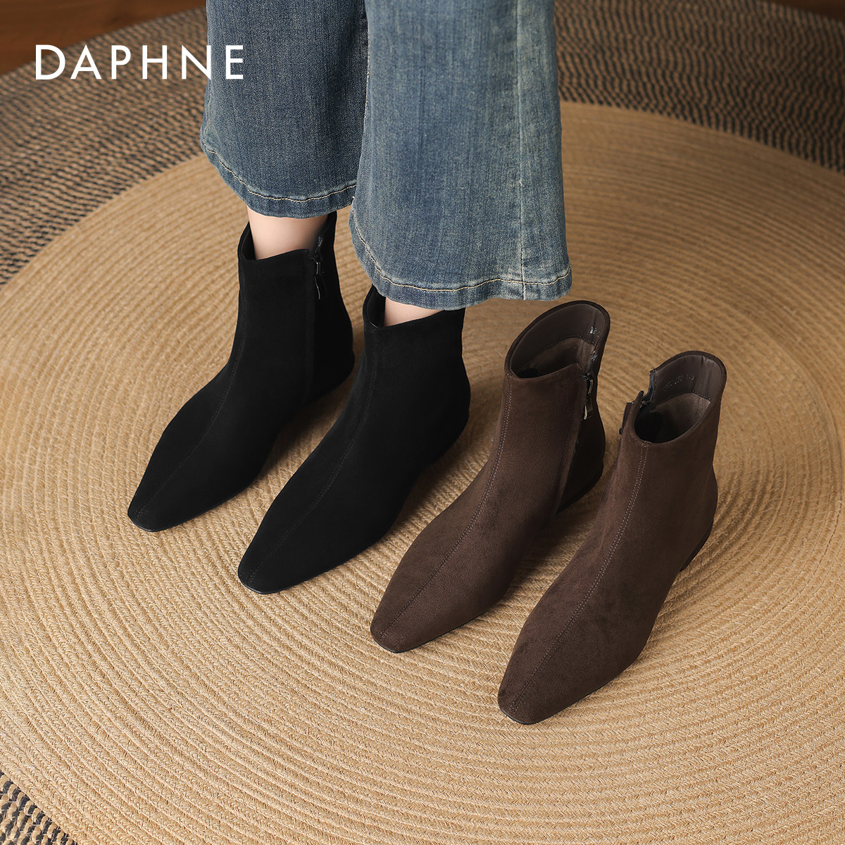 达芙妮尖头短靴女2026新款冬季瘦瘦靴加绒平底绒面马丁靴弹力袜靴,女鞋,时装靴,淘宝优惠券,粉丝福利购,淘宝优惠卷