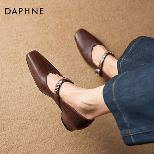 粗跟软底皮鞋 达芙妮法式 秋冬棕色方头玛丽珍鞋 女2025新款 浅口单鞋