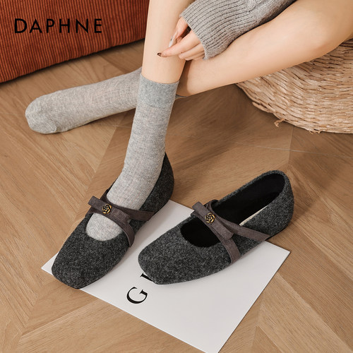 达芙妮冬季加绒毛呢玛丽珍鞋女鞋