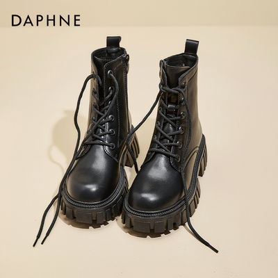 达芙妮马丁靴女2025新款秋冬单靴黑色英伦厚底增高短靴加绒工装靴
