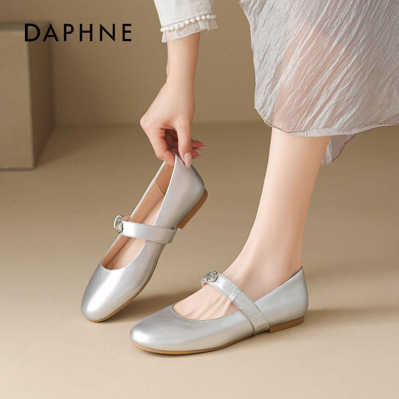 达芙妮小香风单鞋女2025新款银色芭蕾玛丽珍鞋夏天配裙子平底凉鞋