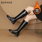 达芙妮长筒靴女2025新款 秋冬金属锁扣高筒骑士靴黑色不过膝长靴子