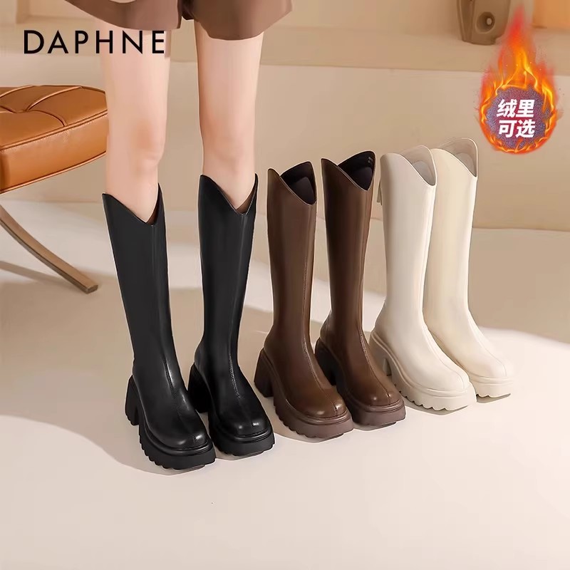 达芙妮厚底V口长筒靴显瘦骑士靴