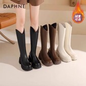 达芙妮厚底v口长筒靴2025新款 秋冬加绒复古英伦骑士靴高筒靴子女