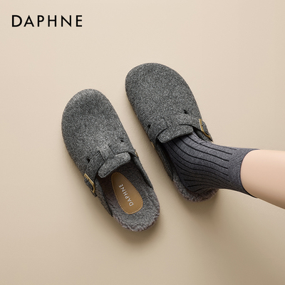达芙妮加绒勃肯鞋女2025冬季新款厚底外穿半拖鞋灰色保暖毛毛棉鞋