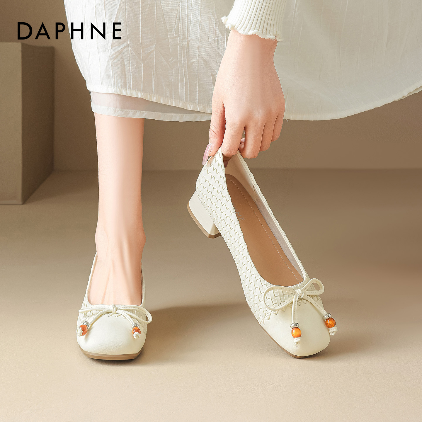 达芙妮编织芭蕾鞋女蝴蝶结单鞋子
