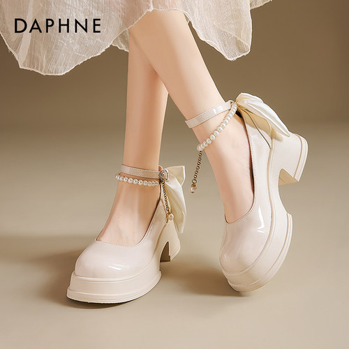 达芙妮玛丽珍女鞋2025冬季新款绝美浅口单鞋千金珍珠高跟鞋小皮鞋