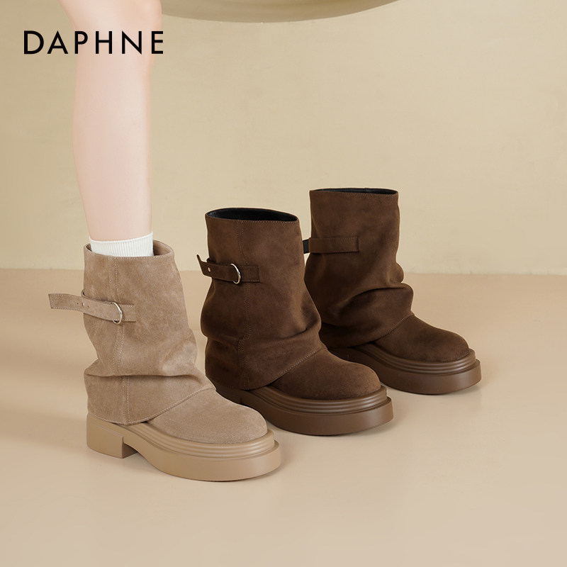 达芙妮厚底短靴女2025新款秋冬美拉德堆堆靴裤管短筒靴马丁靴子女