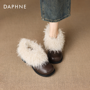冬季 女2025新款 加绒棕色短靴高跟靴子雪地靴 毛毛单鞋 达芙妮法式