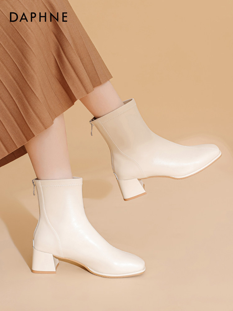 DAPHNE LEATHER BOOTS WOMENS 2024 NEW FALL-WINTER FLEECE SQUARE TOE SKINNY BOOTS VERSATILE COMMUTER CHELSEA BOOTS WOMEN