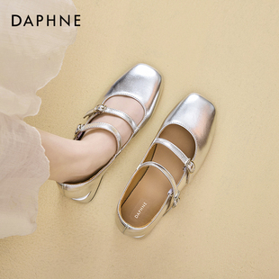 夏银色鞋 达芙妮法式 女2024新款 子方头芭蕾舞单鞋 玛丽珍小皮鞋 中跟