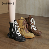 达芙妮美拉德棕色靴子女秋冬季 加绒复古拳击靴2026新款 马丁靴短靴