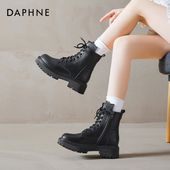 达芙妮马丁靴女2026新款 秋冬加绒棉鞋 英伦风黑色靴子中筒厚底短靴