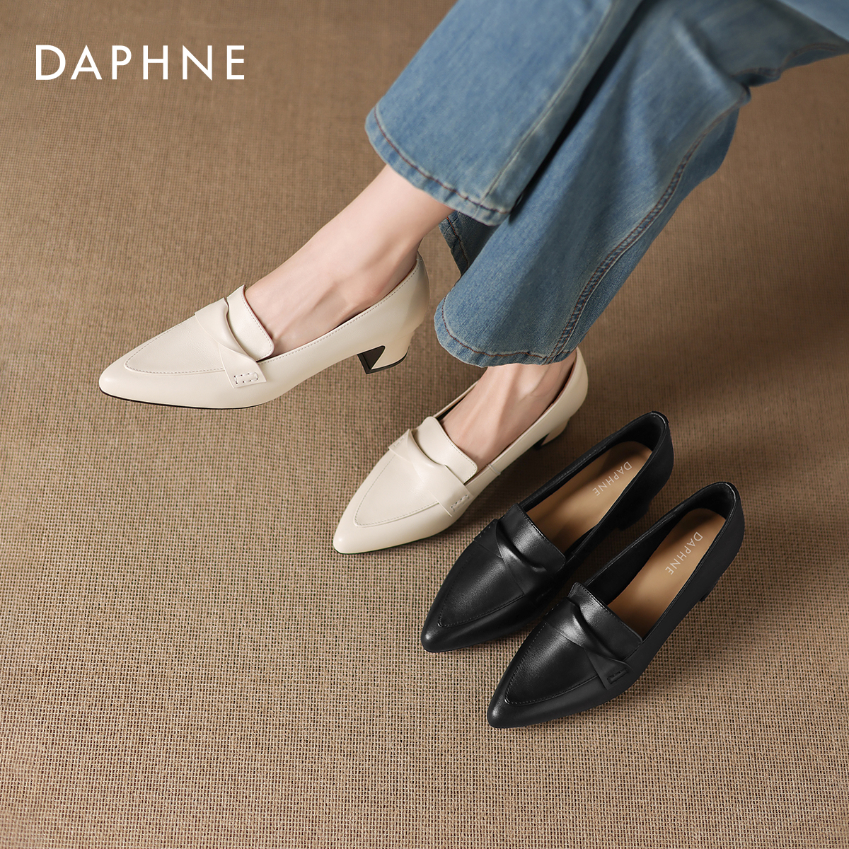 真皮牛皮单鞋女尖头粗跟乐福鞋