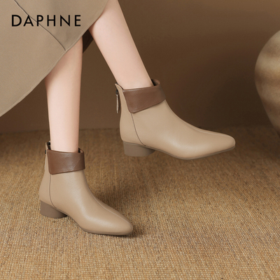 达芙妮短靴尖头粗跟英伦风皮鞋