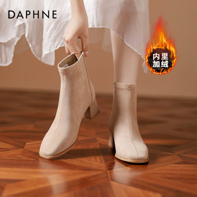 达芙妮高跟绒面短靴女单靴瘦瘦靴