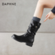达芙妮短靴黑色靴子女中筒靴2026新款 冬平底堆堆靴粗跟骑士马丁靴