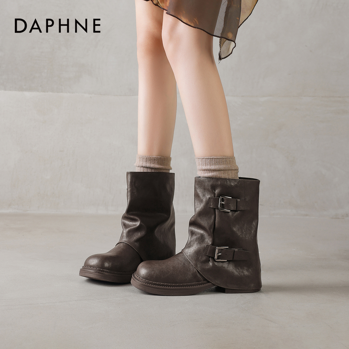 达芙妮西部中筒裤管靴堆堆短靴女