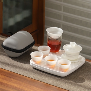 冰种璞玉旅行功夫茶具套装高端德化白瓷盖碗户外泡茶一人独饮茶杯