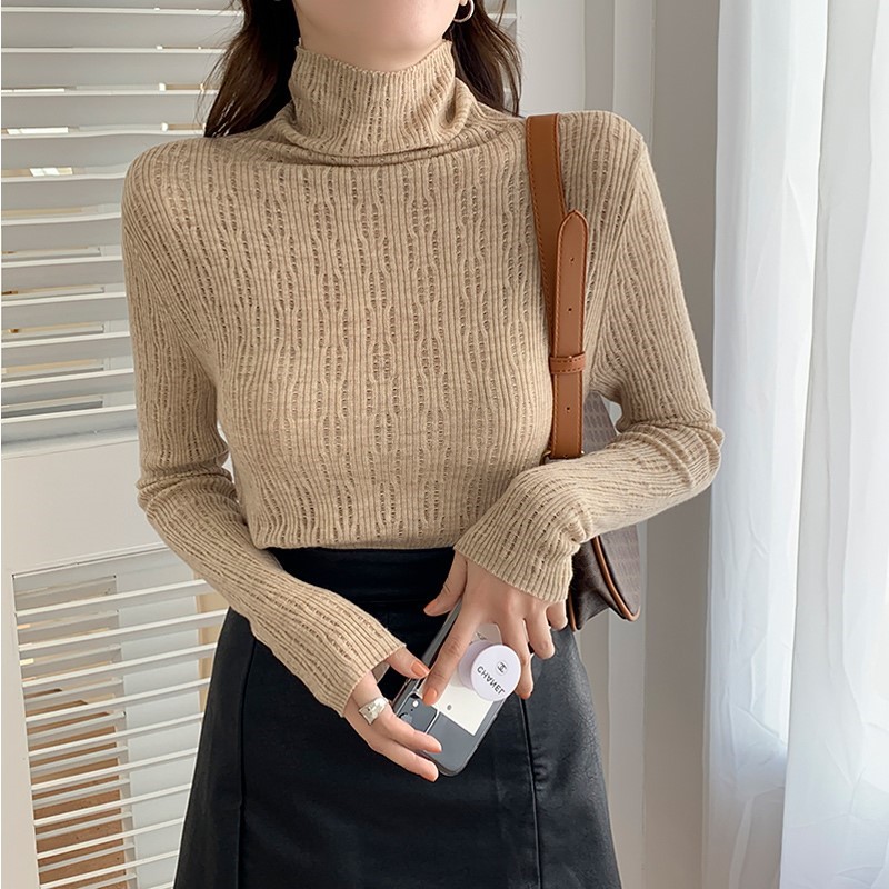 洋气镂空针织衫毛衣女长袖内搭2021年秋冬装堆堆领薄