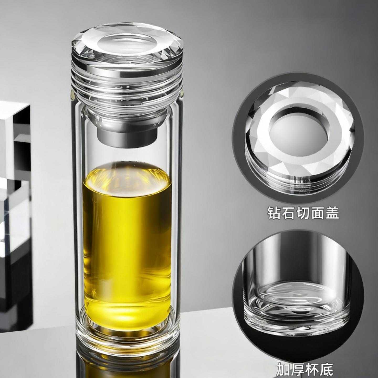 水晶双层玻璃杯透明加厚商务喝茶杯车载加厚高硼硅带滤网水杯