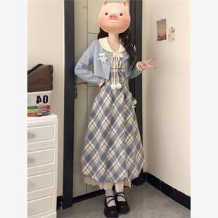 韩版小众设计感甜美温柔风假两件格纹连衣裙女秋冬短款上衣两件套