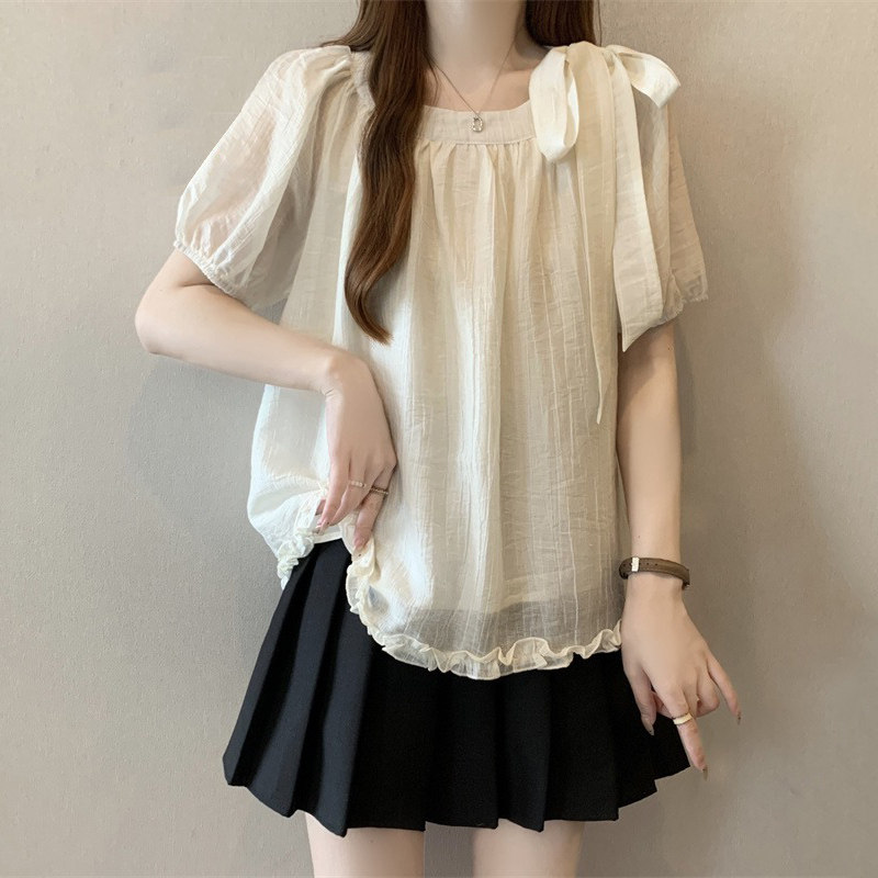 法式蝴蝶结系带雪纺短袖衬衫女2025夏季新款大码设计感娃娃衫上衣