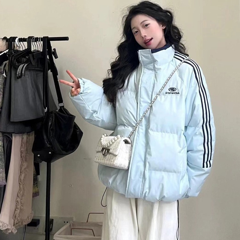 美式覆古加厚宽松立领条纹羽绒服冬季学院风小众学生面包服外套潮