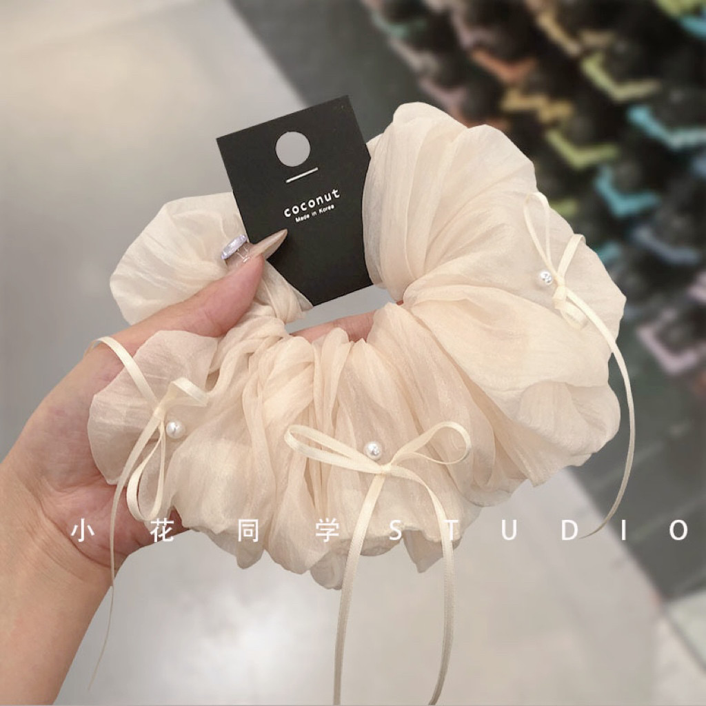 韩国发饰2025新款米白奶咖色婴儿蓝欧根纱珍珠蝴蝶结发圈大肠圈