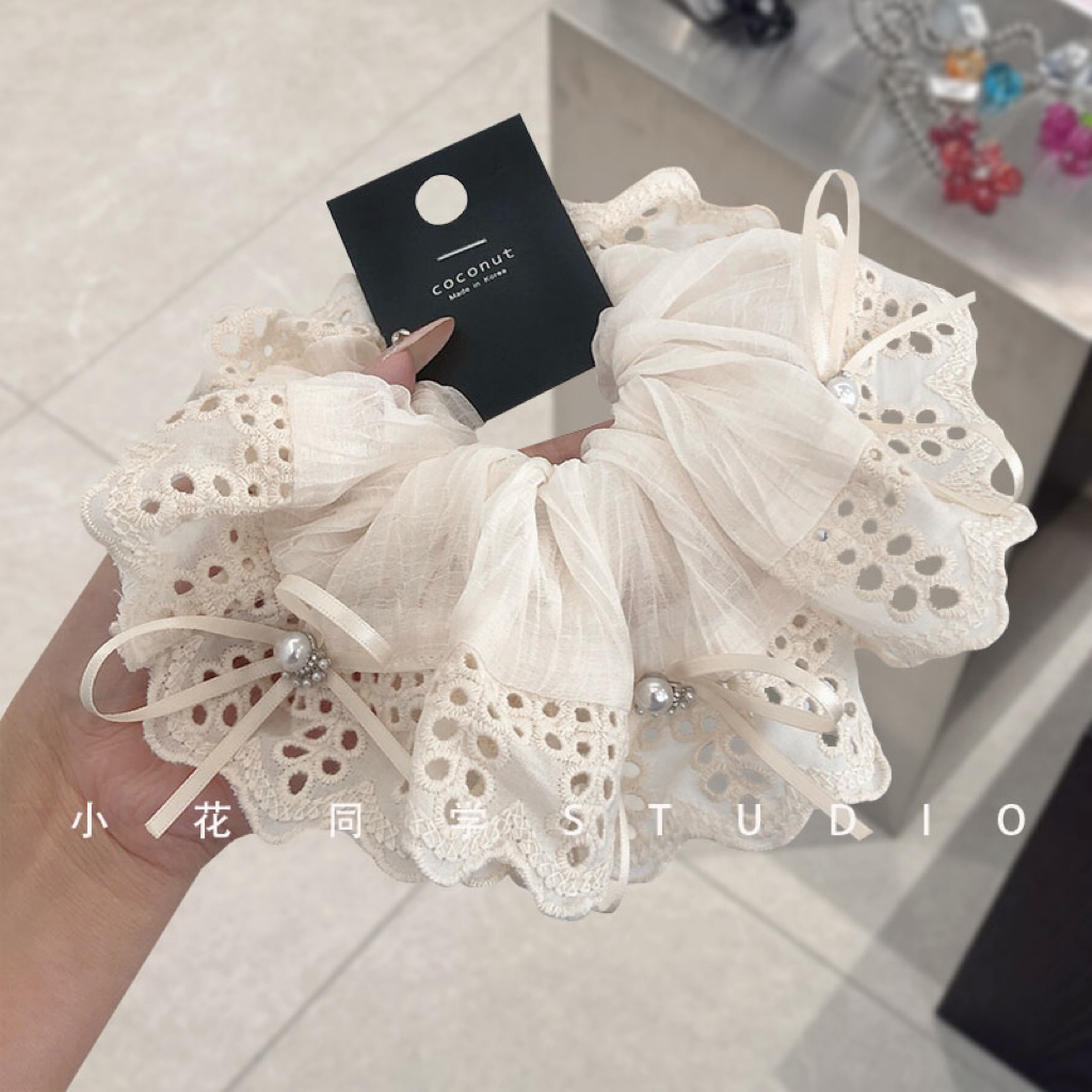 韩国发圈2025新款小众设计法式米白黑色蕾丝和大舅珍珠发圈大肠圈