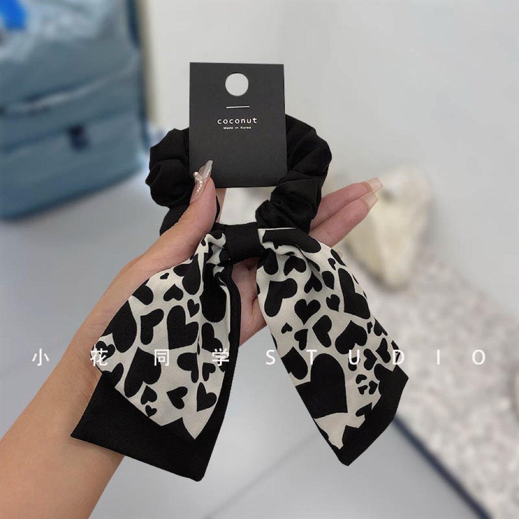 韩系头饰2024新款黑色缎面两层黑白爱心印花蝴蝶结飘带发圈发绳