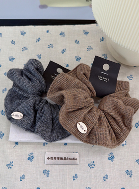 韩国发饰2025秋冬新款灰色咖色毛线针织手缝贝壳发圈大肠圈头饰