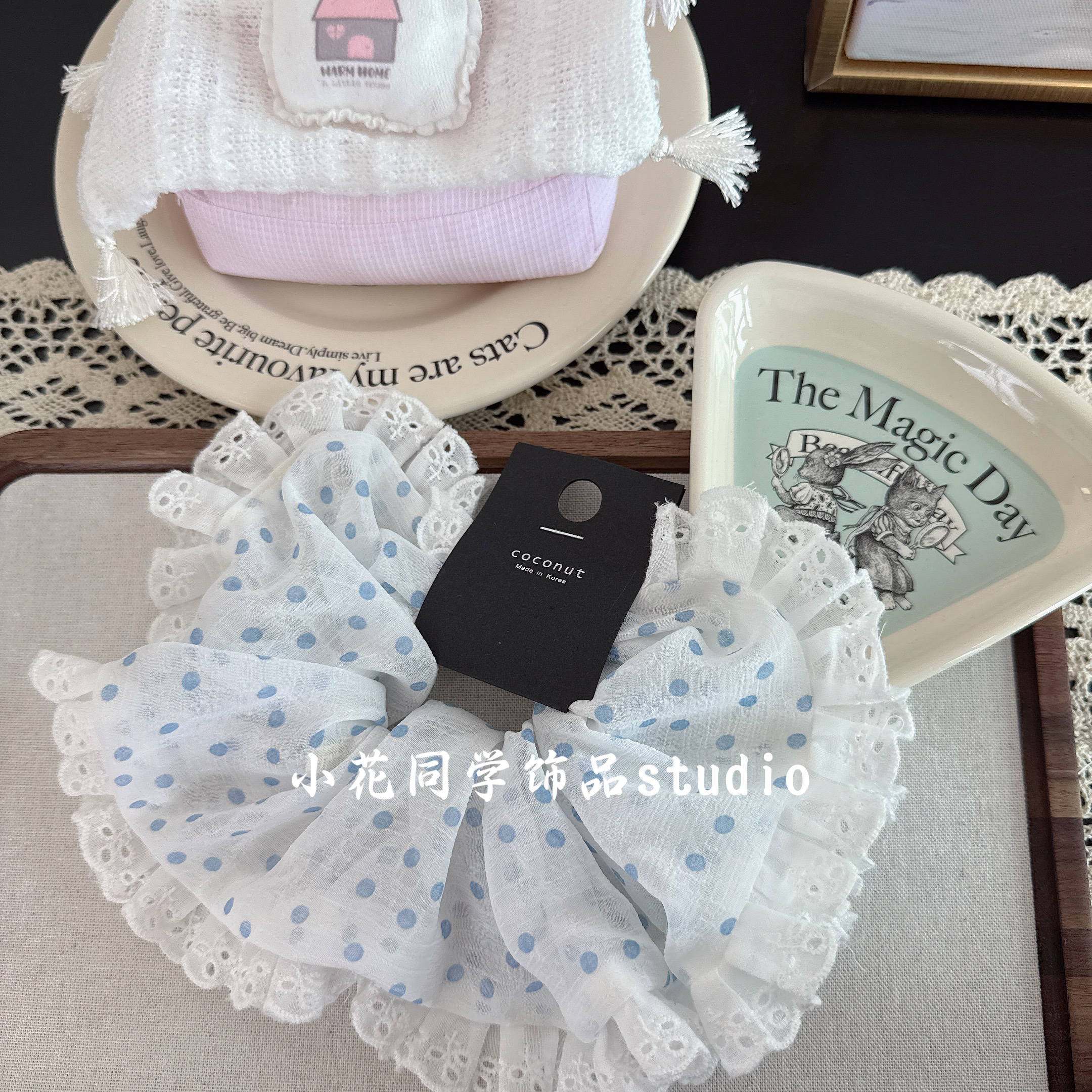 日韩风清新甜美气质米白色圆点波点雪纺木耳边蕾丝大肠圈