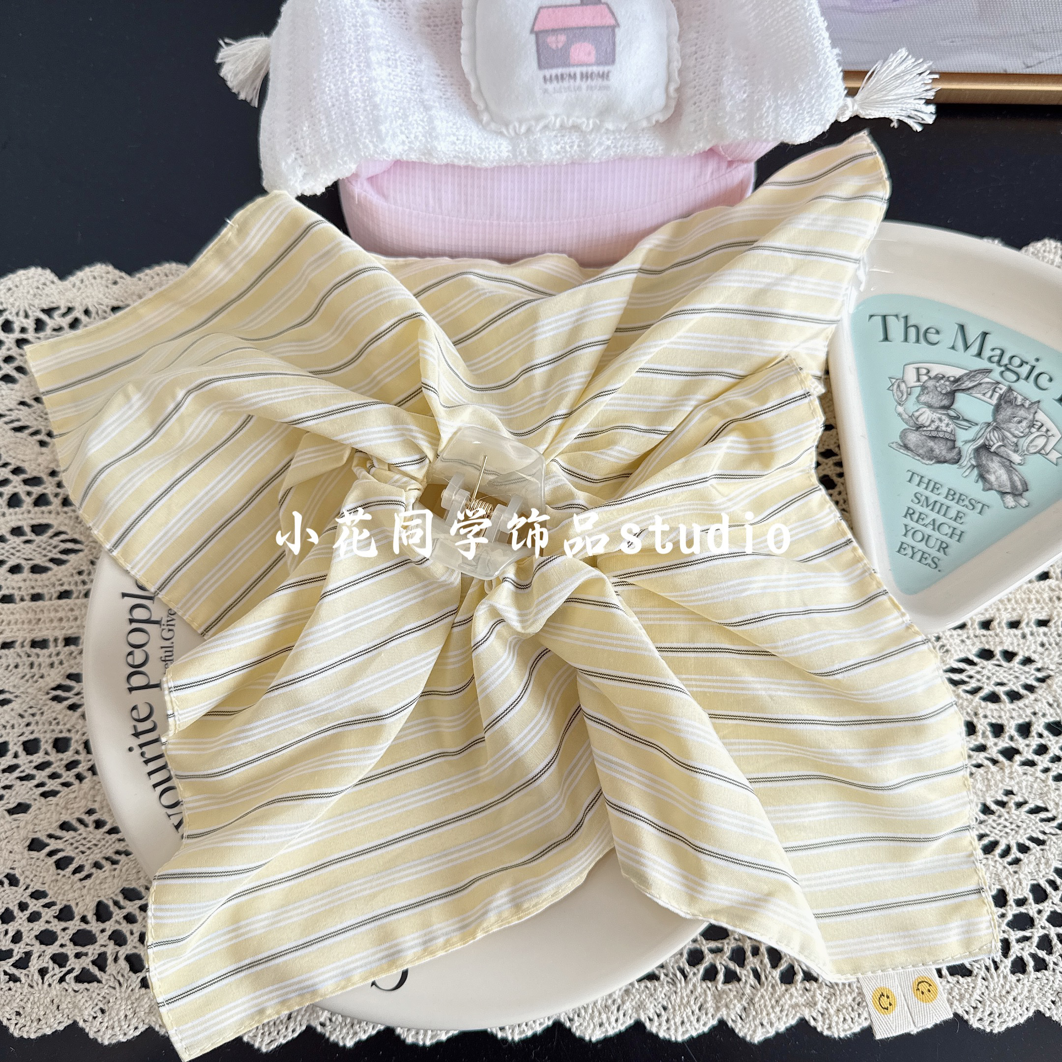 韩国发饰2025新款高级感精致纯棉条纹蝴蝶结纽扣蕾丝方巾大肠发圈