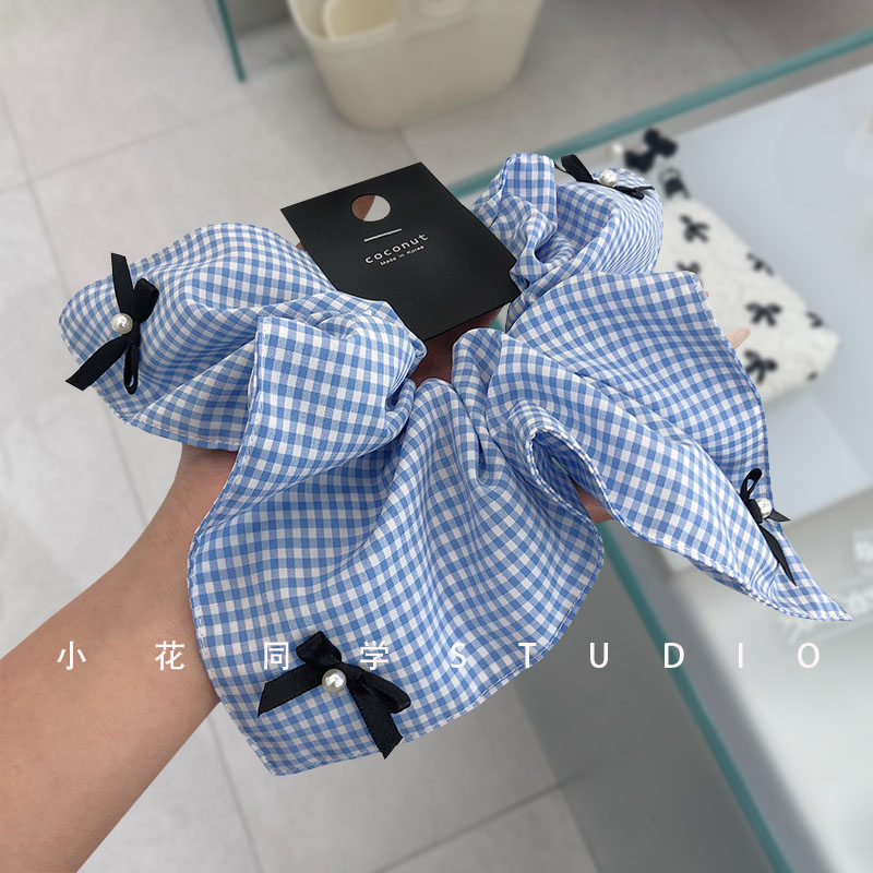 韩国发饰2025新款婴儿蓝黑白咖啡色格子方巾珍珠蝴蝶结发圈大肠圈