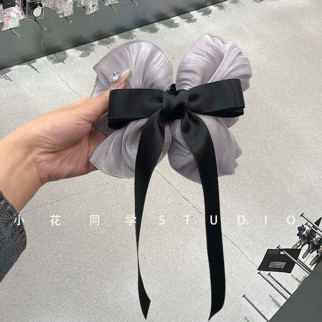 韩国发饰2025新款精致爆款灰色珠光褶皱面料蝴蝶结马尾发抓夹